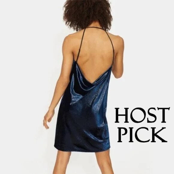 NWT Halston navy blue metallic velvet mini holiday dress - Picture 1 of 16